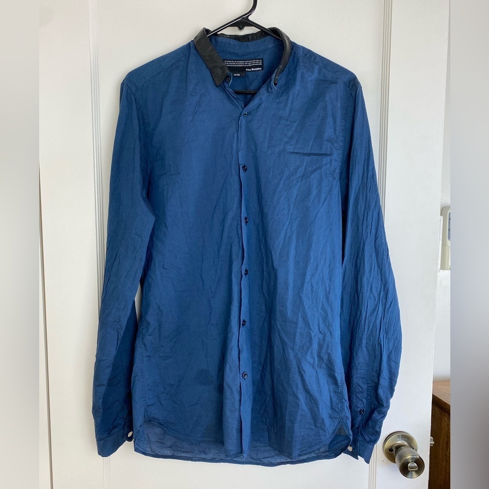 THE KOOPLES Men’s Leather Collar Blue Button Up Long Sleeve Fitted Shirt Medium